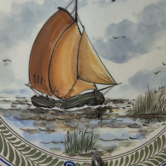 Delft Plate Handpainted Boat Scene Vintage, Ready with hanger. 8" plate Signed - Picture 1 of 7